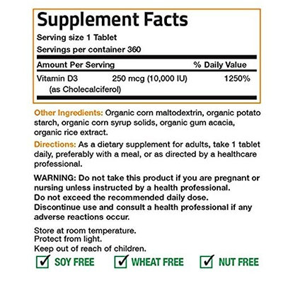 Bronson Vitamin D3 10,000 IU Certified Organic Vitamin D Supplement, Non-GMO, USDA Certified, 360 Tablets