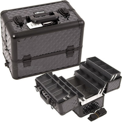 Sunrise All Black Interchangeable 6-Tiers Extendable Tray Diamond Pattern Professional Aluminum Cosmetic Makeup Case With Dividers - E3304