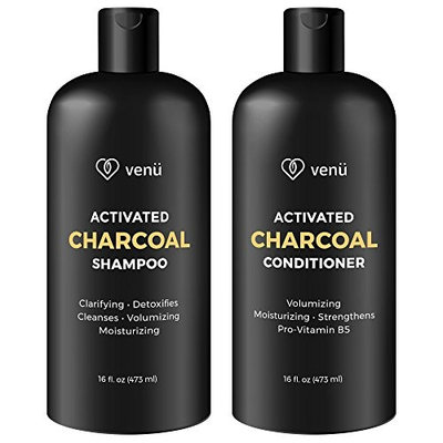 Activated Charcoal Keratin Shampoo and Conditioner Set – All Natural Gentle Sulfate Free Daily Hair and Scalp Cleanser For Men and Women - Volumizing, Moisturizing, Clarifying, Detoxifying – By Venu