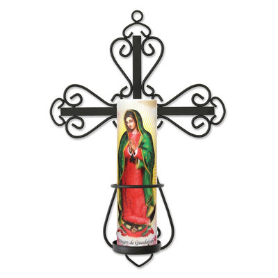 The Saints Collection Cross Wall Sconce & Lady of Guadalupe LED Prayer Candle (Mary)