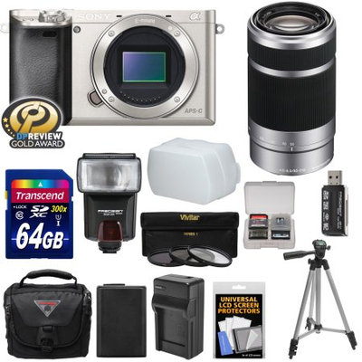 Sony Alpha A6000 Wi-Fi Digital Camera Body (Silver) with 55-210mm Lens + 64GB Card + Flash + Case + Tripod + Battery & Charger + Kit