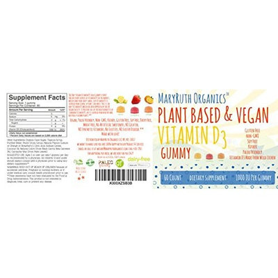 VEGAN VITAMIN D3 Gummies (Plant-Based) by MaryRuth's - Made from Lichen! Non-GMO, Paleo Friendly, VEGAN, Gluten Free, for Men, Women & Children! 1000 IUs Vitamin D3 (60 Count 1-2 Month Supply)
