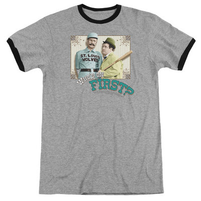 ABBOTT & COSTELLO/WHO'S ON FIRST - ADULT RINGER - HEATHER/BLACK - 3X