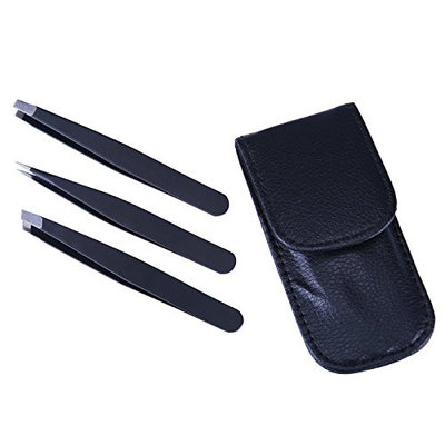 HDE 3 Piece Professional Tweezer Set- Straight, Slanted and Pointed Precision Designed Tips for Eyebrow, Splinter, False Eyelash and Ingrown Hair removal w/ Travel Case