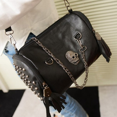 All Matched Women Skull Rivet Tassels Shoulder Bag Handbag Crossbody Black,black