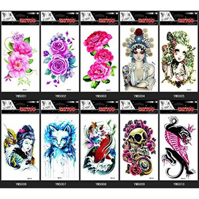 GGSELL GGSELL 10pcs temp fake tattoo stickers in 1 package,it including ,various colorful roses,peony,lovely baby,women,cat,fish,skull,animal,etc.