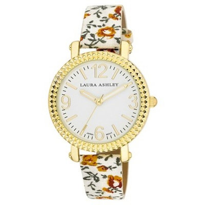 Laura Ashley Ladies White Floral Band Fluted Bezel Watch