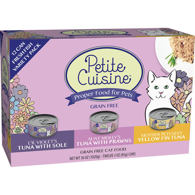 Petite Cuisine Yellow Fin Tuna, Tuna with Sole & Tuna with Prawns Gourmet Canned Cat Food Variety Pack, 3 oz, 12 pack