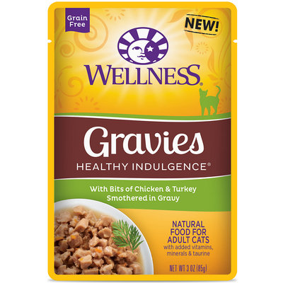 Wellness Healthy Indulgence Natural Grain Free Wet Cat Food, Gravies with Chicken & Turkey in Gravy, 3 oz.