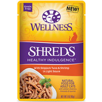 Wellness Healthy Indulgence Natural Grain Free Wet Cat Food, Shreds with Tuna & Shrimp in Light Sauce, 3 oz.