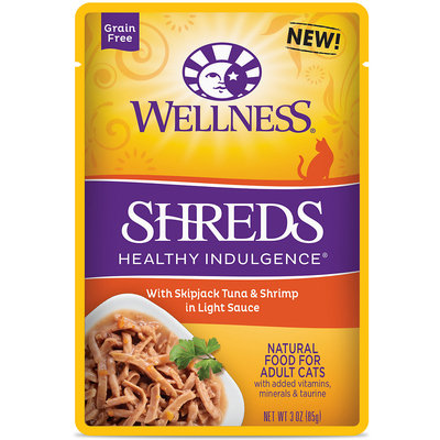 Wellness Healthy Indulgence Natural Grain Free Wet Cat Food, Shreds with Tuna & Shrimp in Light Sauce, 3 oz.