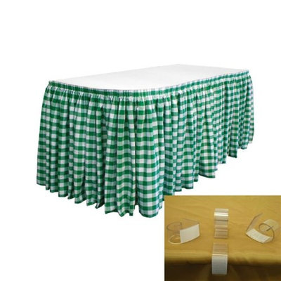 LA Linen SKTcheck21x29-15Lclips-HunterGreenK20 Polyester Gingham Checkered Table Skirt with 15 L-Clips White & Hunter Green - 21 ft. x 29 in.