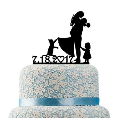 Buythrow Family Cake Topper, Bride and Groom Cake Topper Little Girl, Kids Silhouettes, Name and Date Topper, Cat, Acrilic Cake Topper, Mr And Mrs