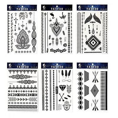Long lasting and realistic temp tattoo stickers 6pcs Black lace in a packages,including black flower totem,black totem lace,elephant,feathers,black jewelry lace,indian trial jewelry tattoos
