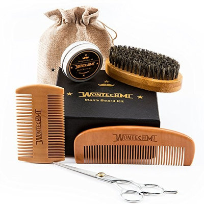 Beard Grooming Kit for Men Care, Beard Brush, WONTECHMI Beard Comb, Beard Boar Bristle Brush, Mustache and Beard Balm Butter Wax, Barber Scissors for Styling, Shaping and Growth, Father's Day gift
