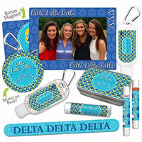 Delta Delta Delta—Platinum Variety Set—Magnet Frame, 2 Lip Shimmers, Nail File, Mint Tin, Mirror, Lip Balm, Sanitizer, Lotion