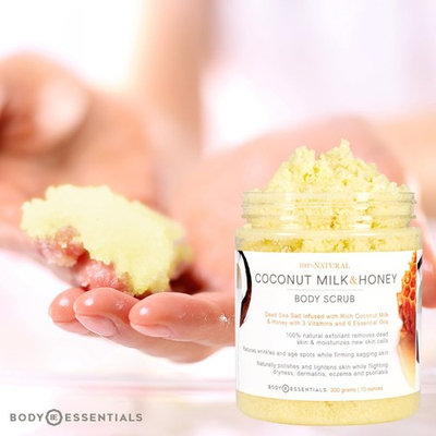 Body Essentials Coconut Milk & Honey Comb Body Scrub with Dead Sea Salt - 6 Essential Oils - 3 Vitamins - 100% Natural Exfoliant - Organic - Younger Healthier Skin