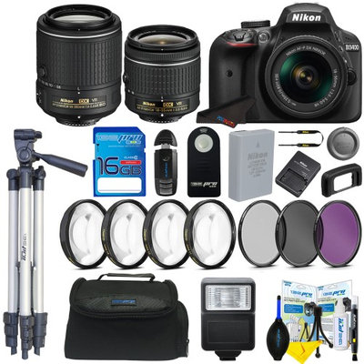 Pixibytes Nikon D3400 w/ AF-P DX NIKKOR 18-55mm f/3.5-5.6G VR (Black) + NIKKOR 55-200mm f/4-5.6G ED VR II Lens + Pixi- Basic Accessory Bundle