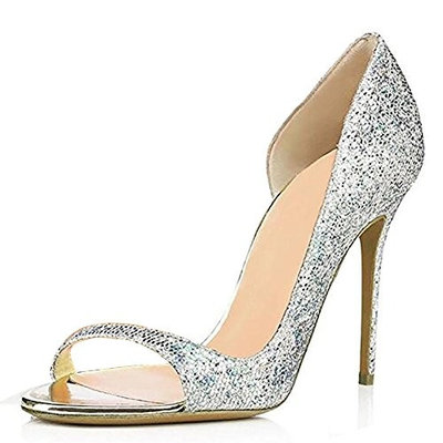 Women PU Exposed Toe Hand Pump Dress Shoes Silver Yellow