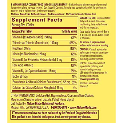 Nature Made Super B Complex + Vitamin C Tablets, 250 Count