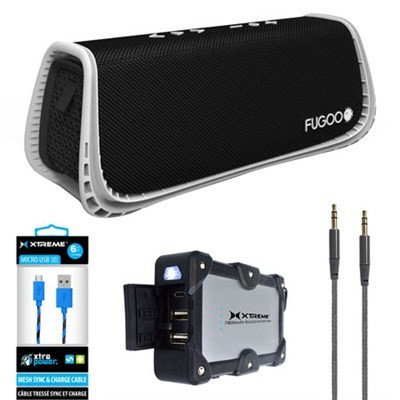 Fugoo Sport XL Port. Waterproof Bluetooth Speaker B & W w/ Power Bank Charger Bundle