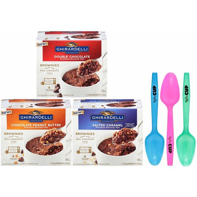 Ghirardelli Premium Microwave Brownie Mug Mix Bundle - Chocolate Peanut Butter, Double Chocolate, Salted Caramel, 4 Servings Per Box - with Set of 3 By The Cup Colorful Spoons