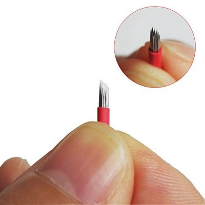 10 Pcs Eyebrow Tattoo Permanent Makeup Microblading Supplies Needles 19 Round Bevel Microblading 3D Eyebrow Embroidery R19 Fog Pen Round Needle Red
