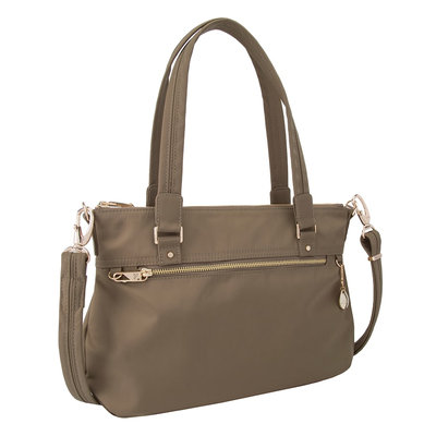 Travelon Anti-Theft Tailored Satchel Sable/Royal Purple Interior - Travelon Fabric Handbags