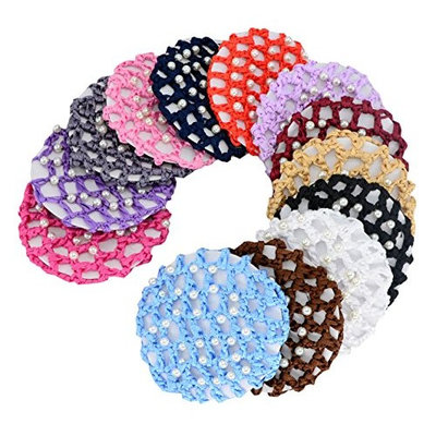 13pcs Women Girl Bun Cover Snood Hair Net Ballet Dance Skating Chic Crochet With Pearl