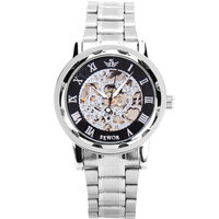 Mens Classic Transparent Steampunk Skeleton Mechanical Man Stainless Steel Watch Silver Band Black Dial