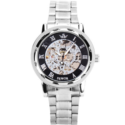 Mens Classic Transparent Steampunk Skeleton Mechanical Man Stainless Steel Watch Silver Band Black Dial
