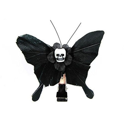 Hairy Scary All Black Small Kahlovera Skull Butterfly Feather Hair Clip