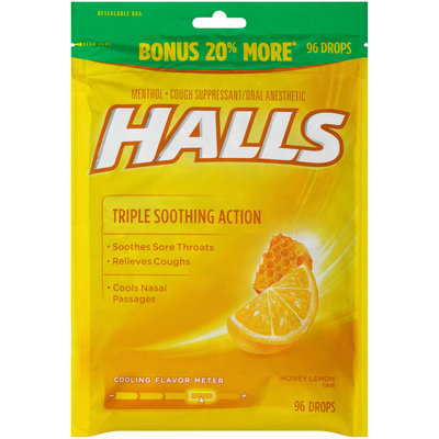 Halls Honey Lemon Cough Suppressant/Oral Anesthetic Menthol Drops 96 ct Bag