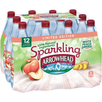 ARROWHEAD Brand Sparkling Mountain Spring Water, White Ginger Peach 33.8-ounce plastic bottles