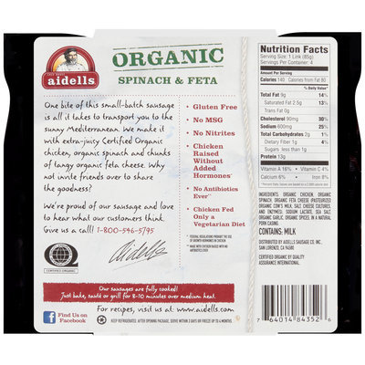 Aidells® Organic Spinach & Feta Chicken Sausage 12 oz. Pack