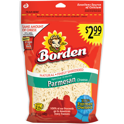 Borden® Natural Finely Shredded Parmesan Cheese $2.99 Prepriced 5 oz. Stand up Bag