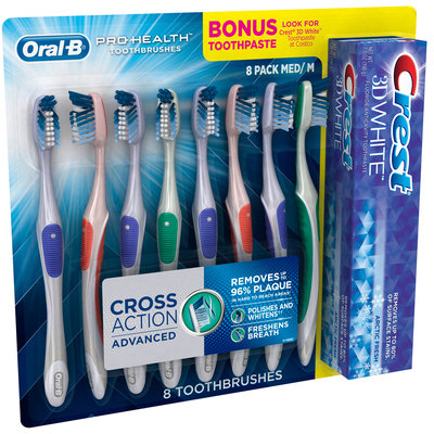 Oral-B® Pro-Health™ Cross Action Advanced Medium Toothbrushes 8 ct Carded Pack + Bonus Toothpaste