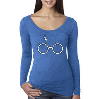 Way 836 - Women's Long Sleeve T-Shirt Harry Potter Glasses Scar Lightning Bolt Small Royal Blue