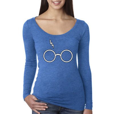 Way 836 - Women's Long Sleeve T-Shirt Harry Potter Glasses Scar Lightning Bolt Small Royal Blue