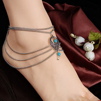 DZT1968 Women Girls Beach Barefoot Sandal Foot hollow turquoise water drop chain Tassel