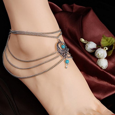 DZT1968 Women Girls Beach Barefoot Sandal Foot hollow turquoise water drop chain Tassel