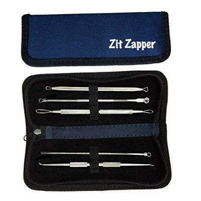 Zit Zapper Blackhead Remover Kit For All Acne Whitehead Pimple and Blemish Problems With 5 Essential Comedone Stainless Steel Tools In A Convenient Navy Blue Zippered Case