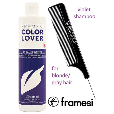 Framesi Color Lover DYNAMIC BLONDE Violet Shampoo for BLONDE/GRAY HAIR (with Sleek Steel Pin Tail Comb) (16.9 oz / 500 ml)