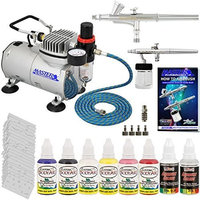 Master Airbrush Brand Finger Nail Decorating System. 2 Airbrushes, Air Compressor, Stencil Set of Over 100 Designs, 6' Hose, Airbrush Holder, 3 Quick Couplers, Black, Red, White, Blue, Yellow & Pink Nail Paint Kit in 1-oz Bottles, Airbrush Cleaner, & (Free) How to Airbrush Training Book to Get You Started.