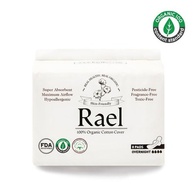 Rael Certified Organic Cotton Menstrual Overnight Pads, Thin Natural Sanitary Napkins with Wings (24 Total), Pack of 3