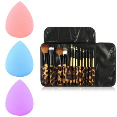 12 Pcs Makeup Brush Set Powder Foundation Brush Tool by Zodaca Blush Blending Eyeliner Highlighter Cosmetic Professional Brushes Tool Kit Case Bag + 3x Makeup Sponge Blender Flawless Droplets