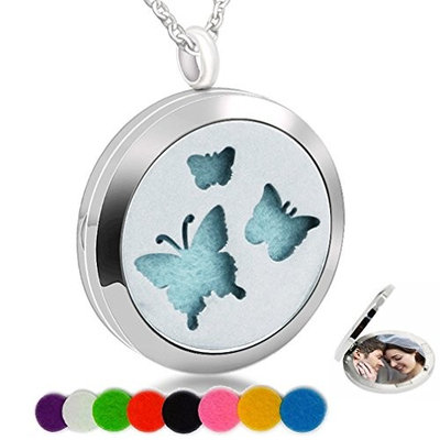Essential Oil Necklace Aromatherapy Diffuser Butterfly Stainless Steel Photo Locket Pendant for Women