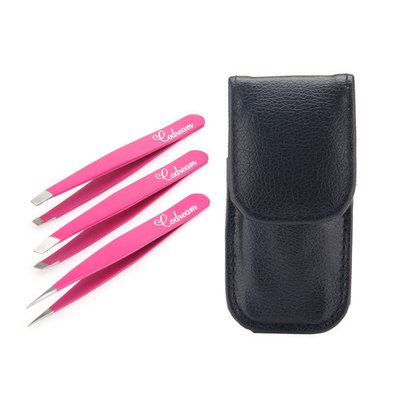Stainless Steel Tweezers Set with Slanted, Straight and Pointed Tips for eyebrow Shaping, Ingrown Hair, Nose Hair and Splinters, Hair Removal Tool with Leather Black Case