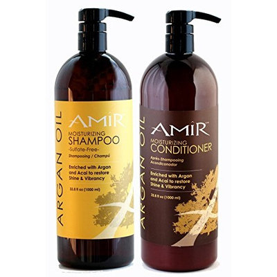 Amir Argan Oil Sulfate Free Shampoo & Argan Oil Conditioner Liter Duo (33.8 oz ea) with FREE Pumps! Best Price! Great Value!
