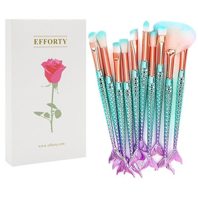 Efforty Mermaid Eye Makeup Brushes Set with Gift Box 10pcs 3D Mermaid Green Gradient Eye Brush Eyeshadow Eyeliner Blending Foundation Blush Lip Cosmet